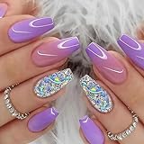 RYMAUP® 24 uñas postizas medianas con diseño de purpurina, uñas postizas degradadas francesas, cobertura completa