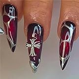 RYMAUP® 24 uñas postizas largas de Stiletto, color negro, rojo, pegamento, almendra, acrílico, diseño único cruzado, para mujeres y niñas